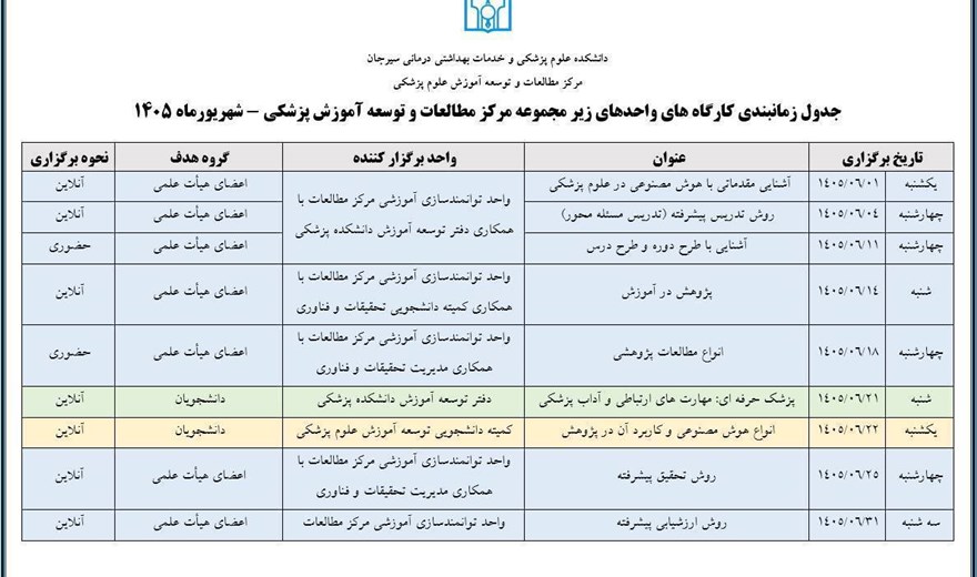 تقویم آموزشی کارگاه‌های واحدهای زیرمجموعه مرکز مطالعات و توسعه آموزش پزشکی (شهریورماه ۱۴۰۵)